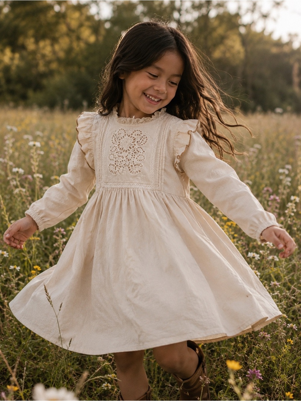 Zara Girls' Cream Lace-Yoke Long Sleeve Dress